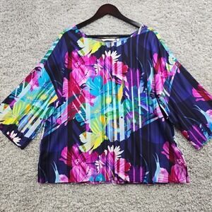 Soft Surroundings Mignon Top Womens Large Colorful Floral 3/4 Sleeve‎ Tropical